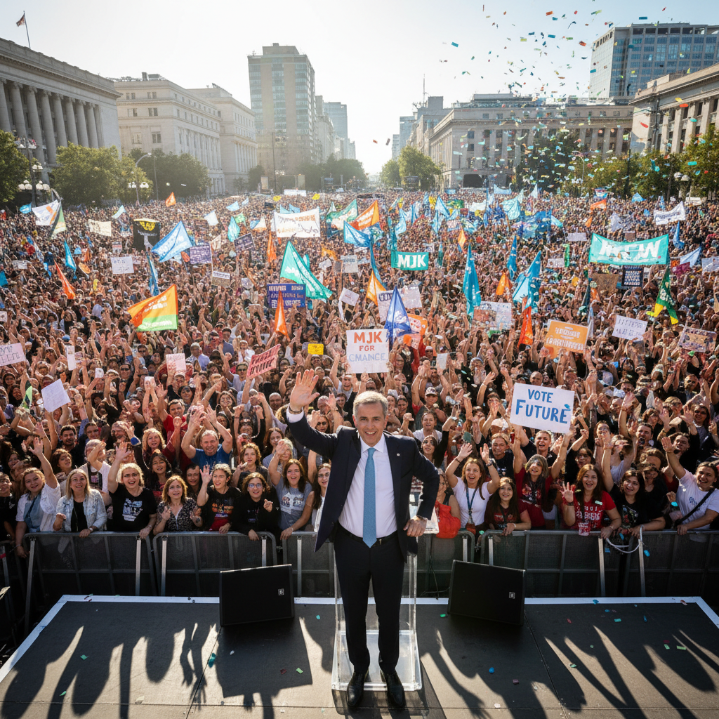 Political rally with crowd and banners in outdoor setting, afternoon sunlight