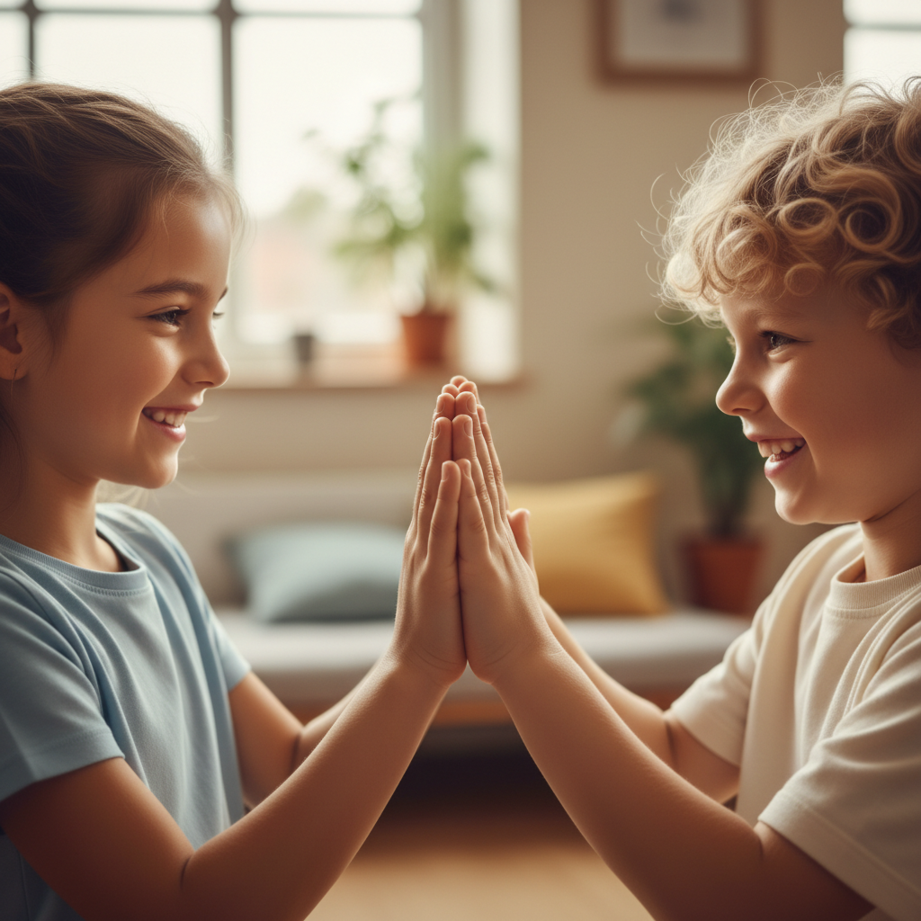 Two children pressing palms together and smiling during partner breathing exercise