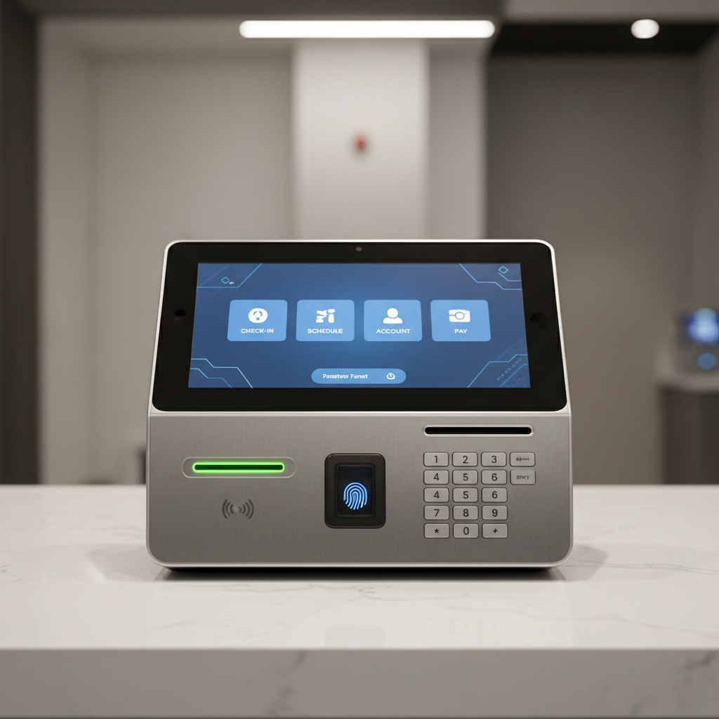 Terminal bancaria inteligente con pantalla táctil y lector biométrico en sucursal moderna