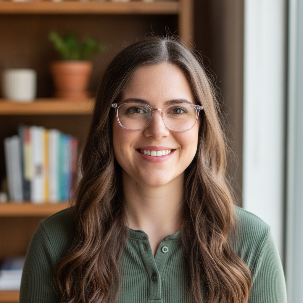 Female instructor with long brown hair and professional expression