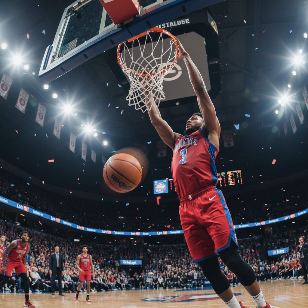 Basketball player elevated above the rim for a slam dunk under arena lights