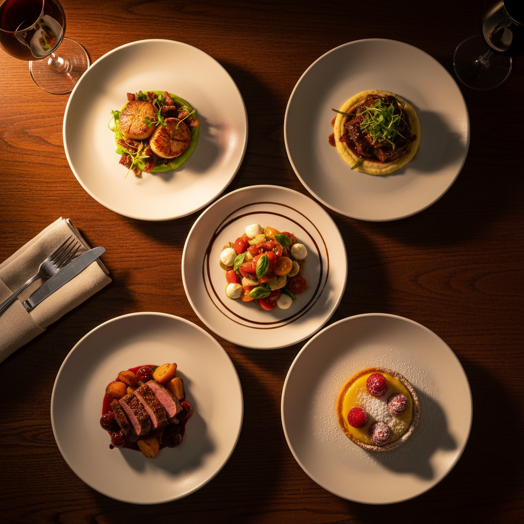 Overhead five-dish tasting arrangement on dark wood with golden-hour tungsten lighting