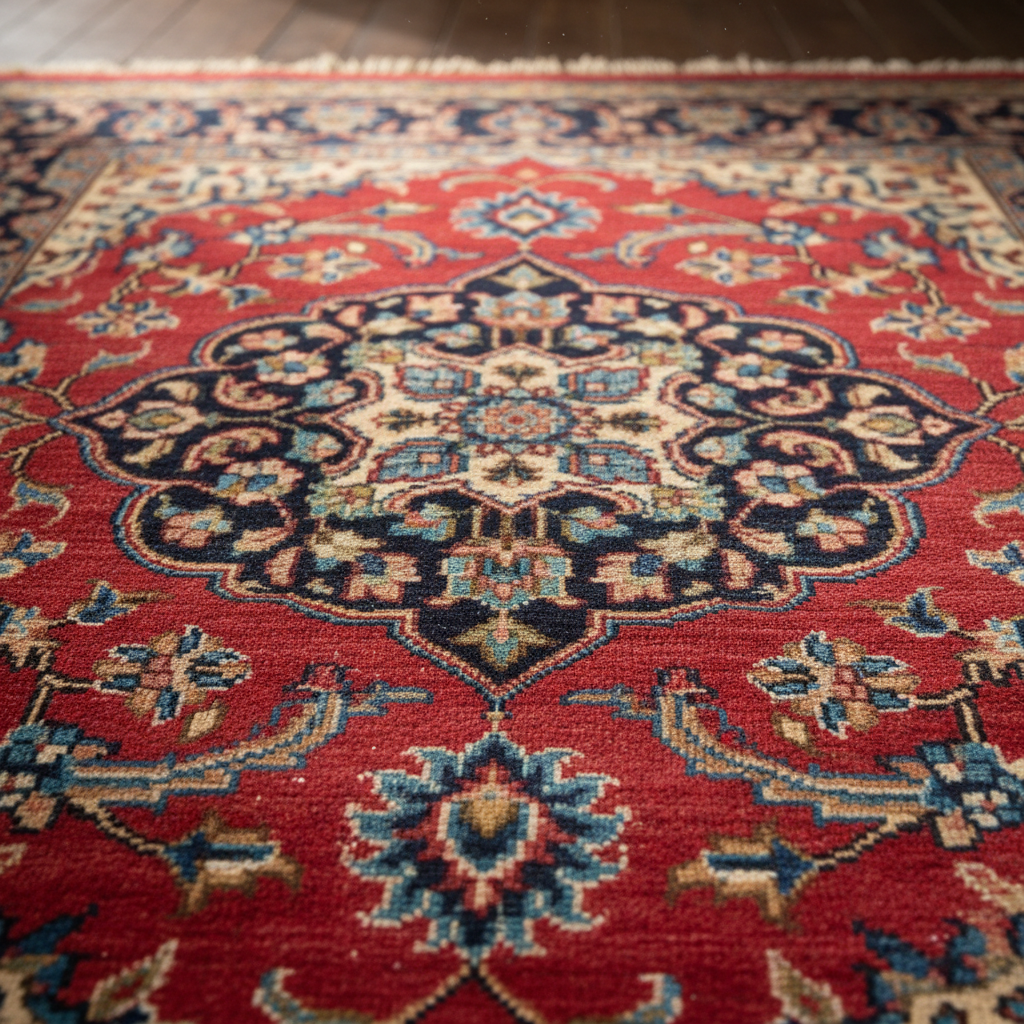 Restored Isfahan carpet pile photographed in raking light, crimson field recovered, medallion pattern sharp and vivid