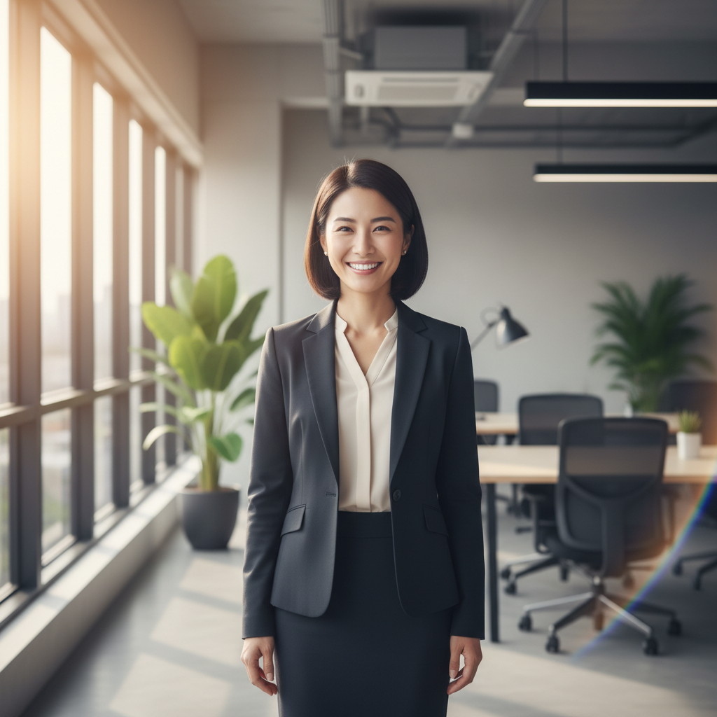 Professional Asian woman in formal business attire smiling confidently