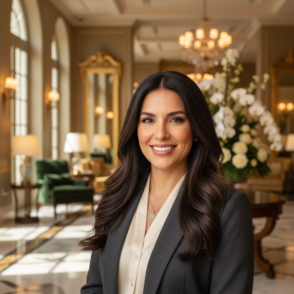 Latina woman with professional appearance and friendly smile in hotel setting