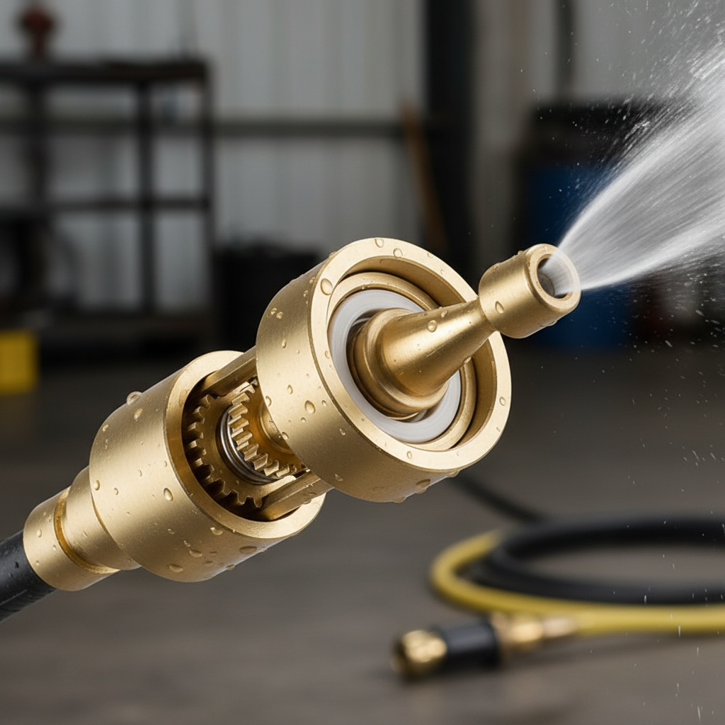 Close-up of turbo nozzle attachment showing rotating mechanism and brass construction