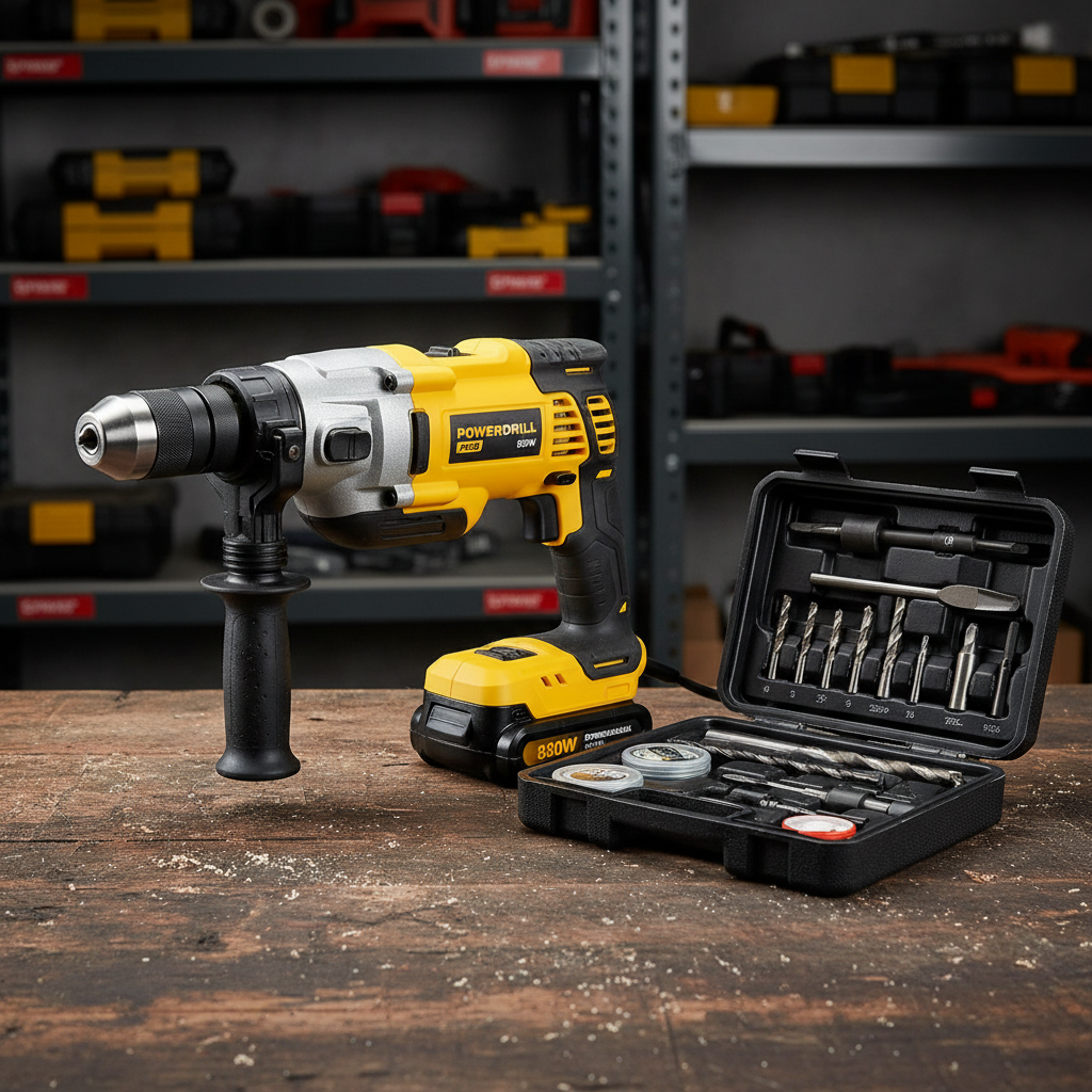 Professional yellow cordless power drill with battery pack on a workbench