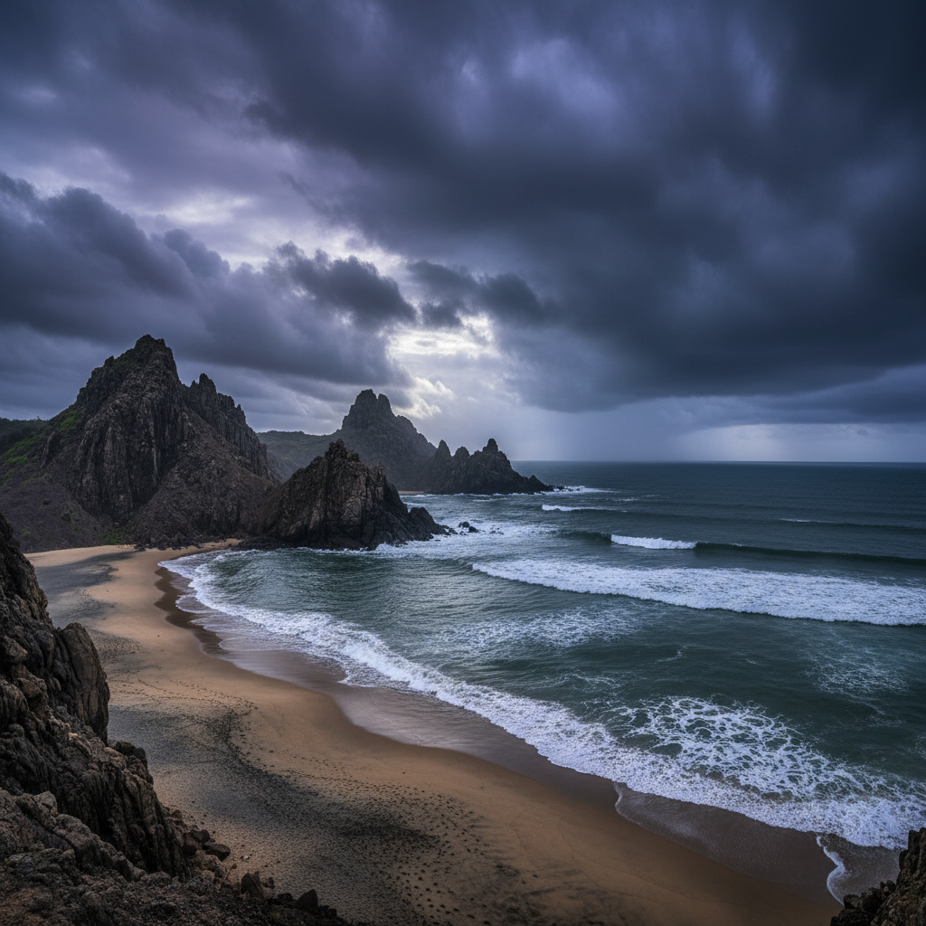 Gokarna coastal scenery — contact Om Ganesh Krupa Taxi, dark atmospheric sky deep shadows