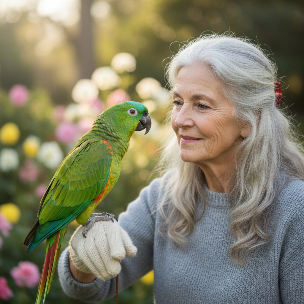 Older woman with silver hair holding a bright green parrot on her wrist
