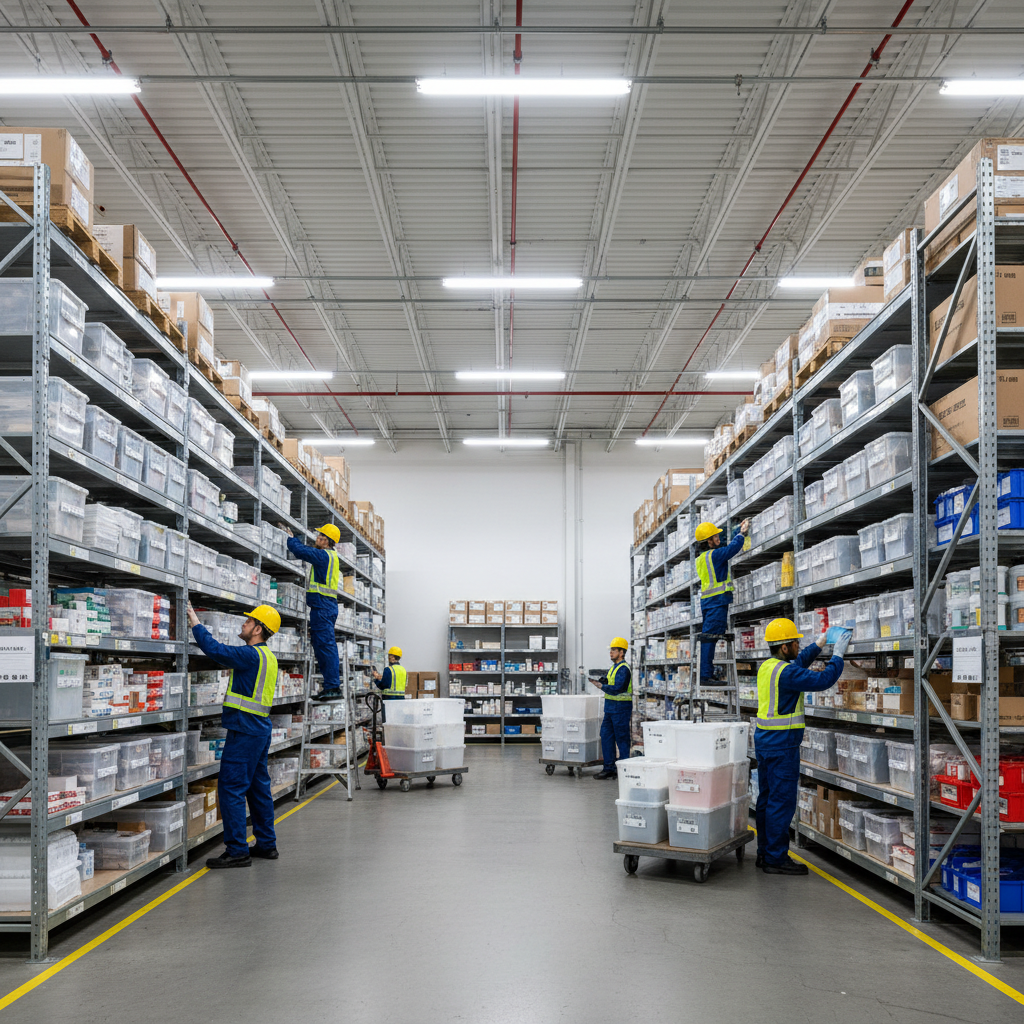 Government procurement warehouse with organized shelving and logistics operations in bright, professional environment
