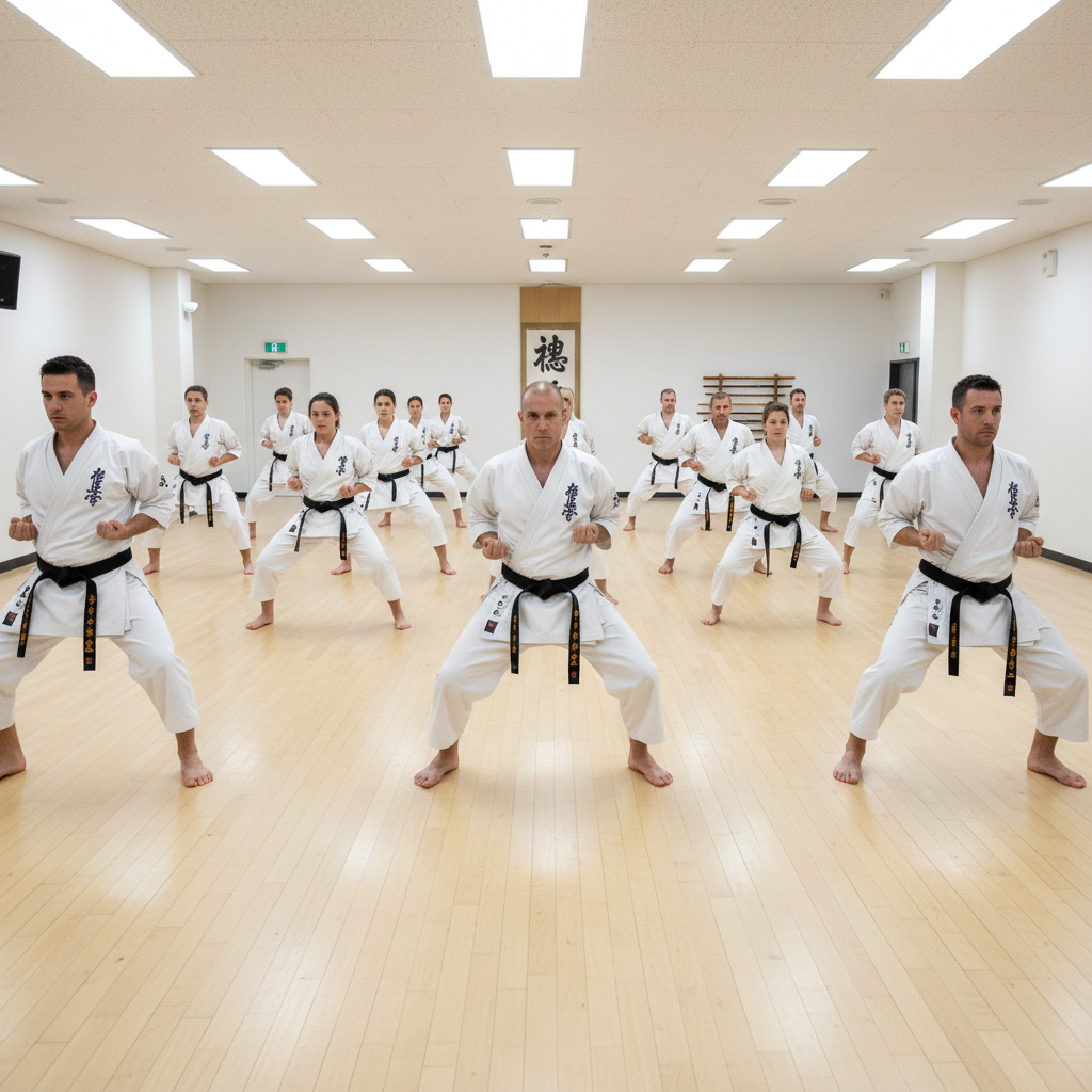 Martial arts class in action, bright dojo, multiple students training