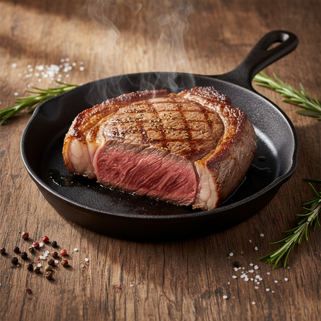 Perfectly cooked Wagyu ribeye steak with golden crust on dark cast iron pan, truffle fries on side