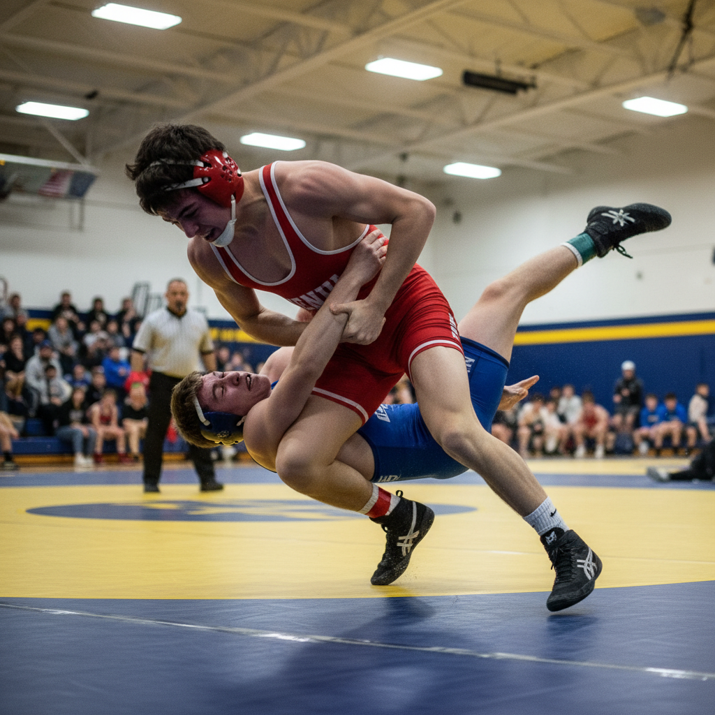 High school wrestler executing a double-leg takedown on competition mat