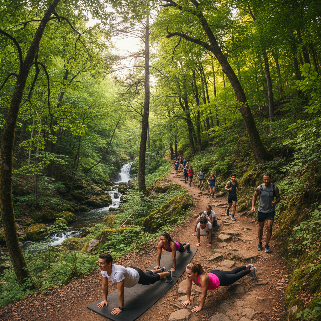 Outdoor training group hiking on trail at sunrise, dark silhouettes against bright sky