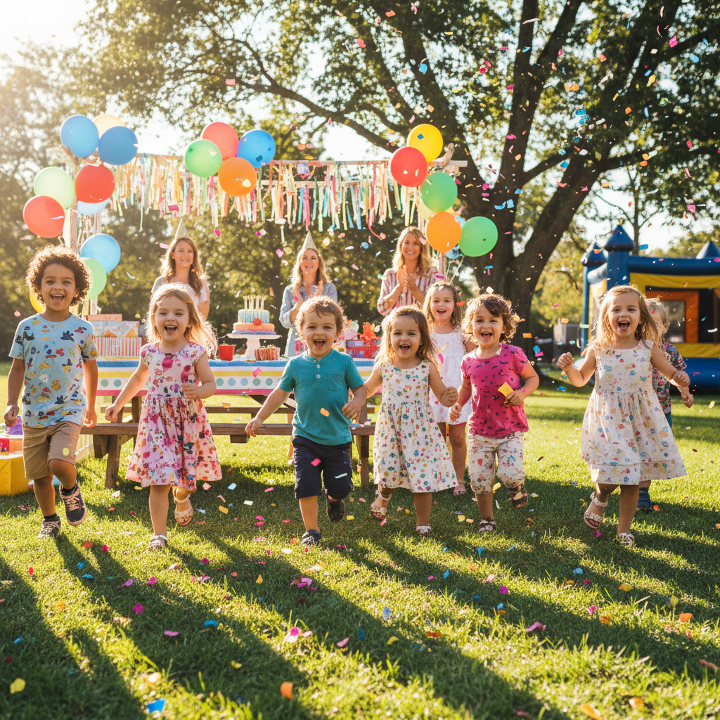 Kids playing at an outdoor birthday party
