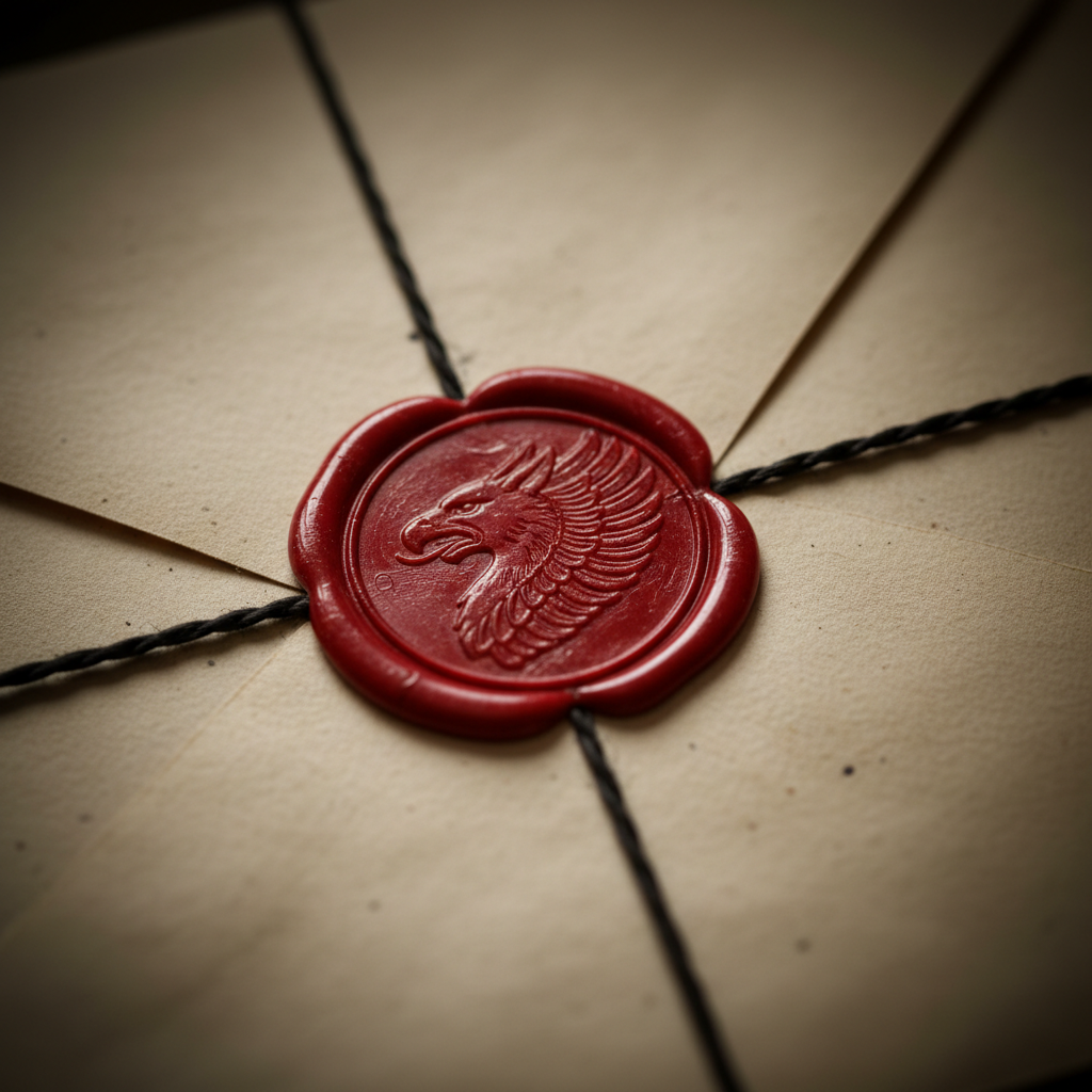 Wax-sealed mystery envelope with red wax seal on dark background