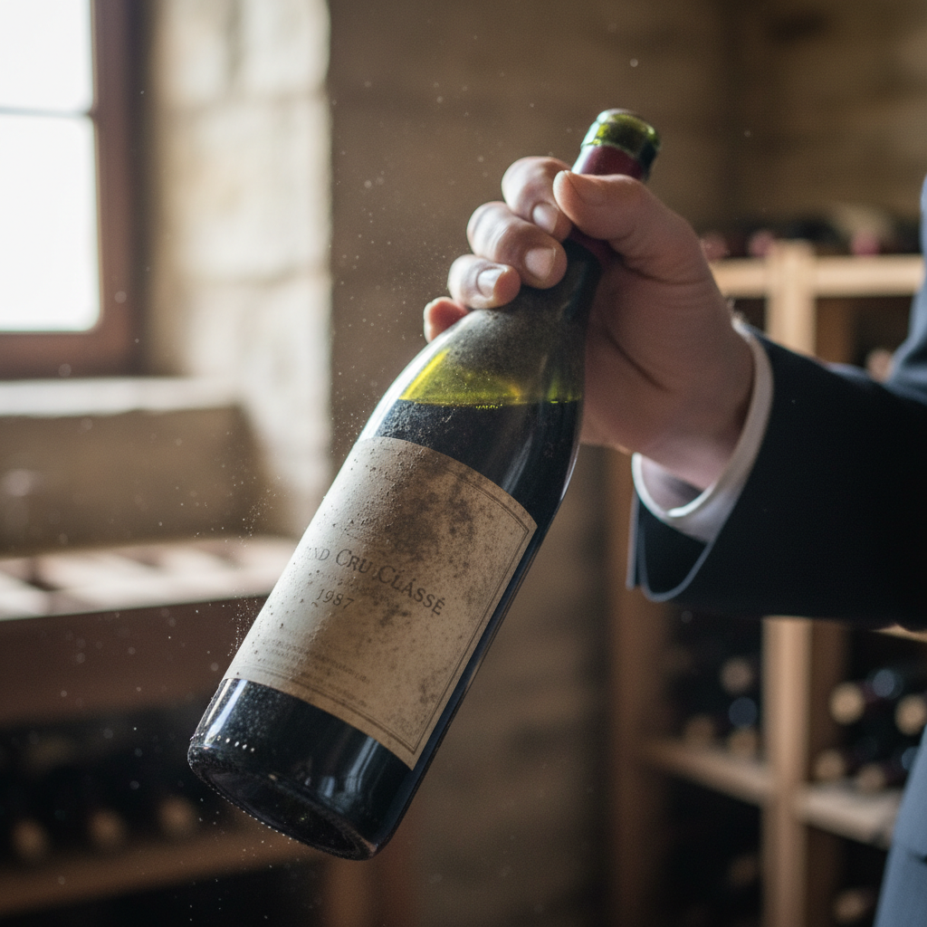 Sommelier's hand tilting a bottle to read a cellar-dusted label