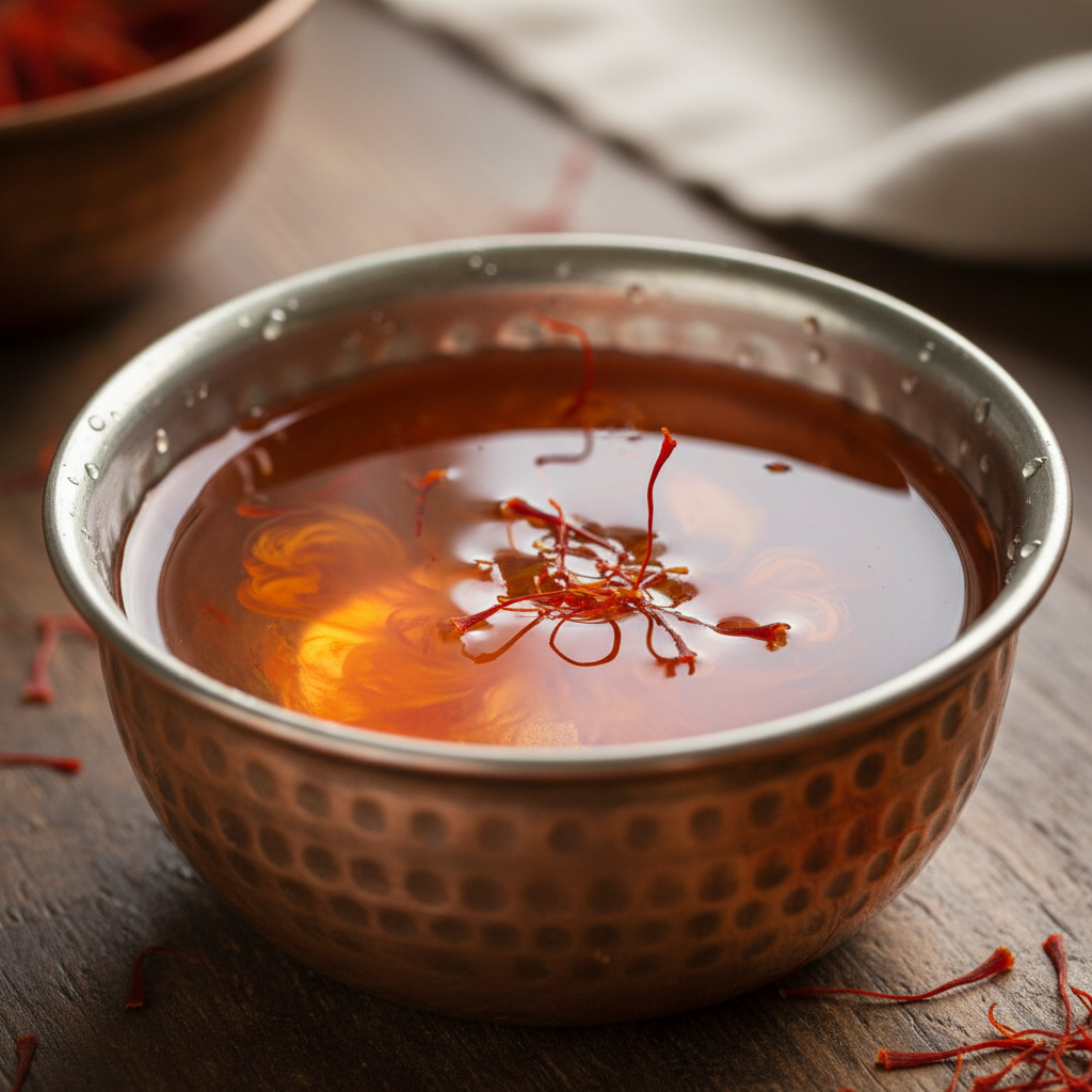 Close-up of saffron threads dissolving in warm rosewater in a small copper bowl
