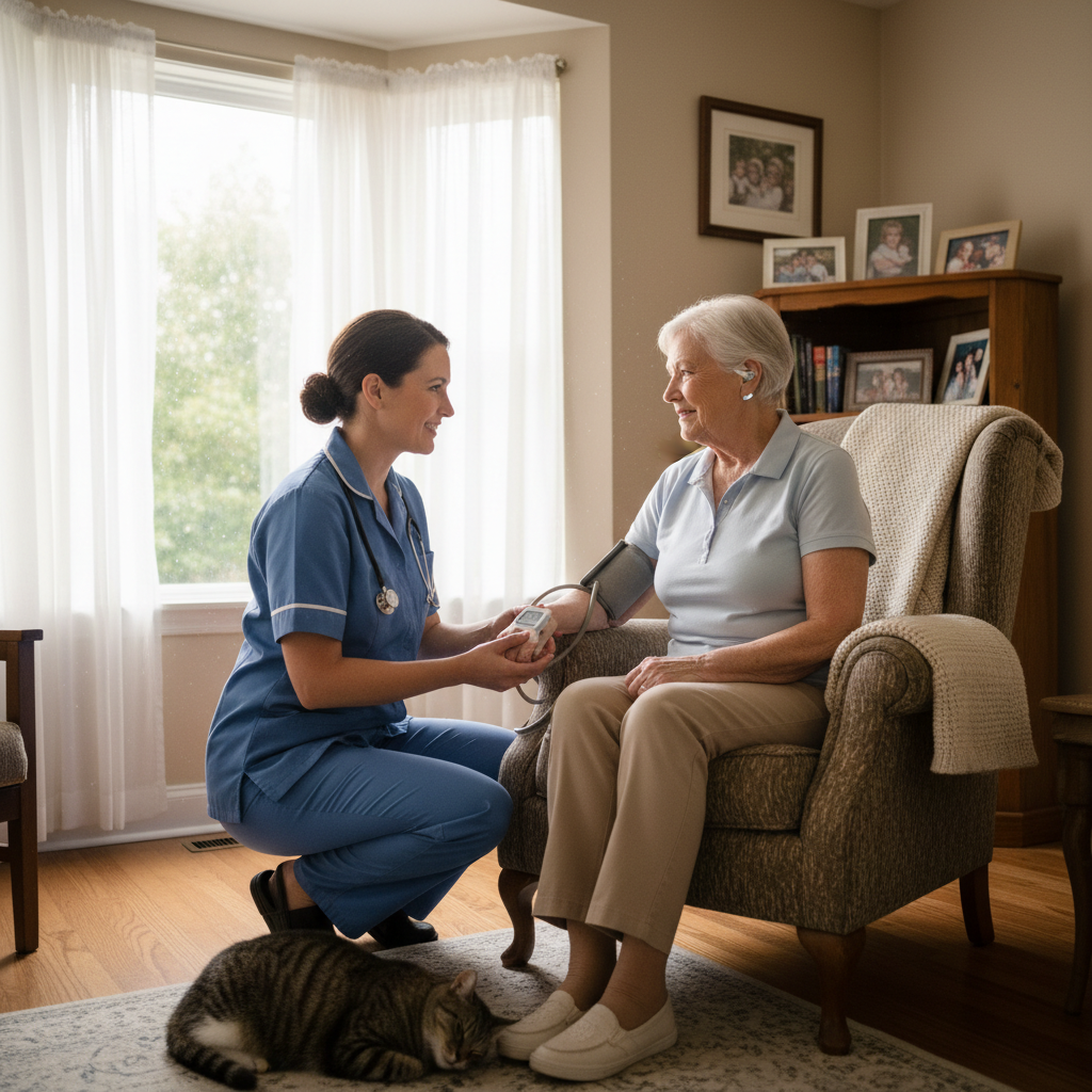 African nurse providing compassionate palliative care to patient in home healthcare setting in Uganda