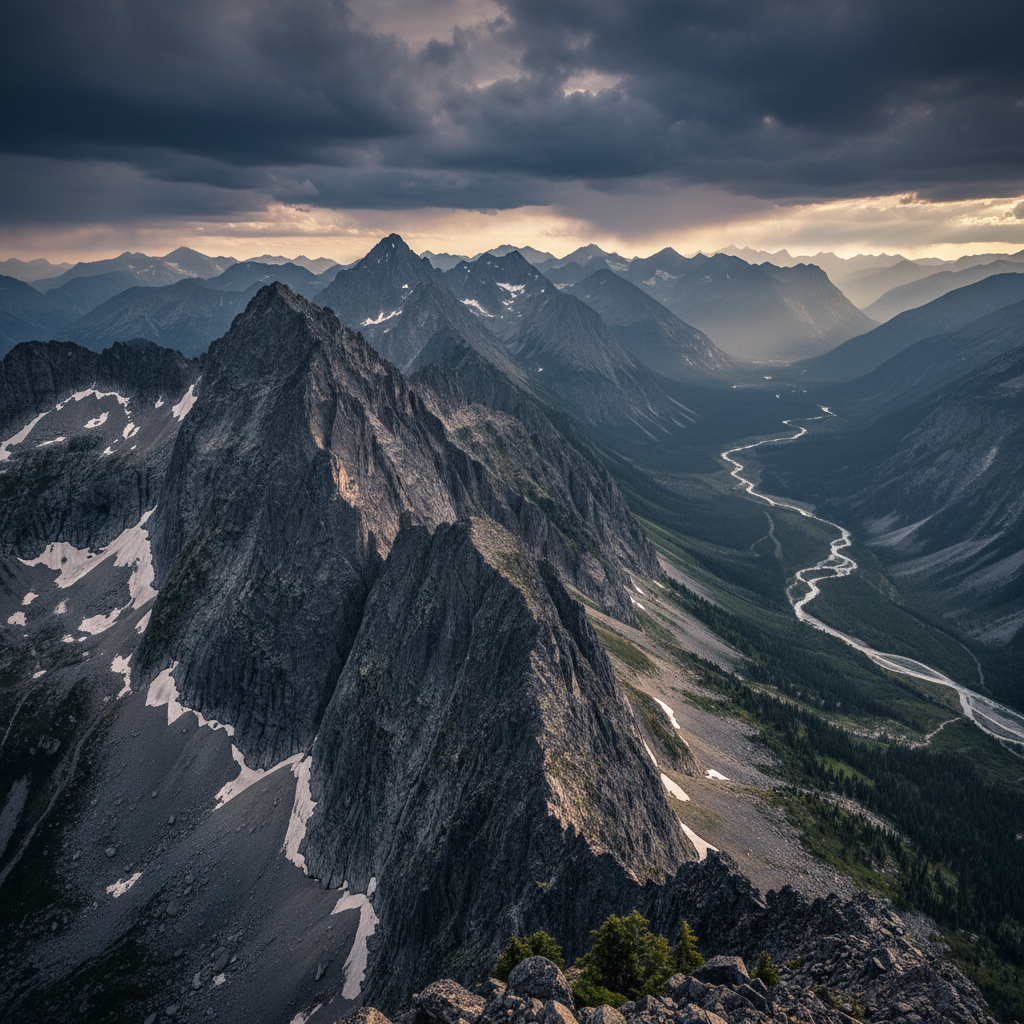 Sweeping landscape at dusk used for brand campaign, dramatic low lighting, dark atmospheric tones