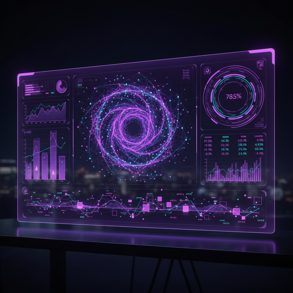 Dark dashboard interface with glowing charts and financial data visualizations on dark background
