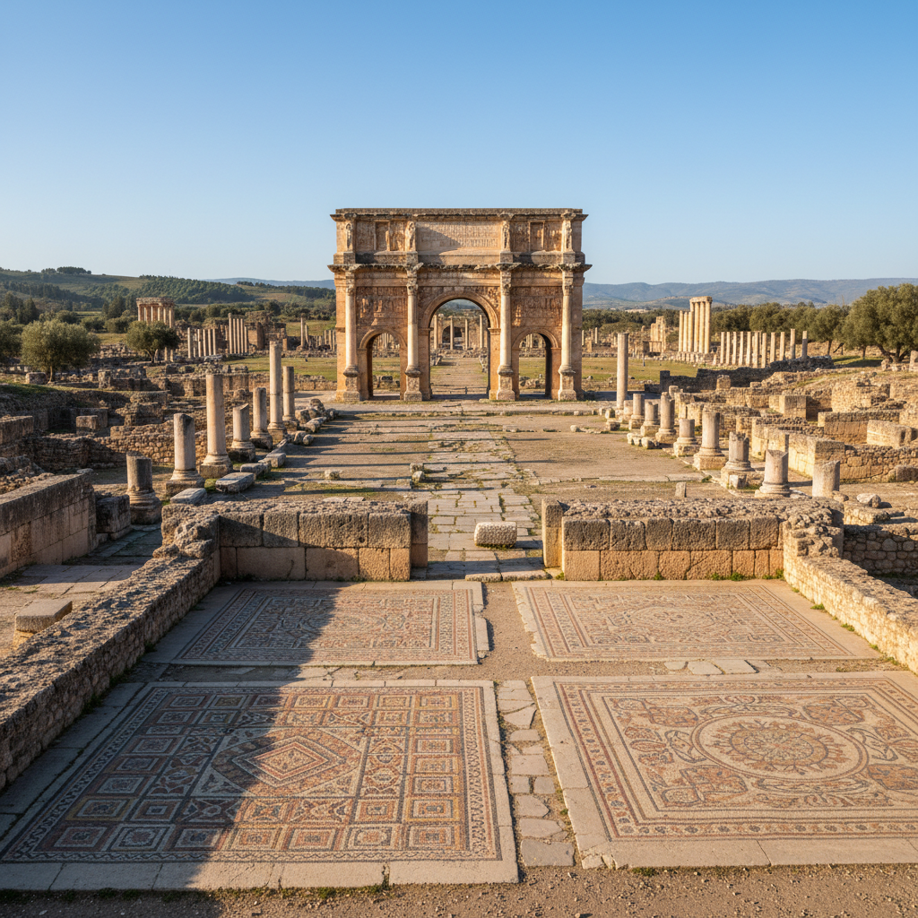 Volubilis ancient Roman ruins with triumphal arch and mosaic floors in Morocco