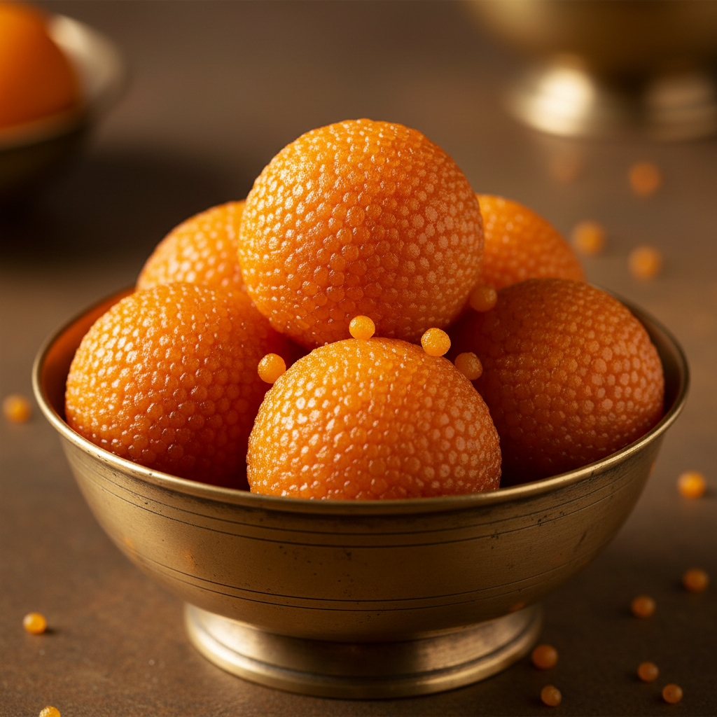 Bright orange round Motichoor Ladoos arranged in a pyramid on a brass tray with marigold petals