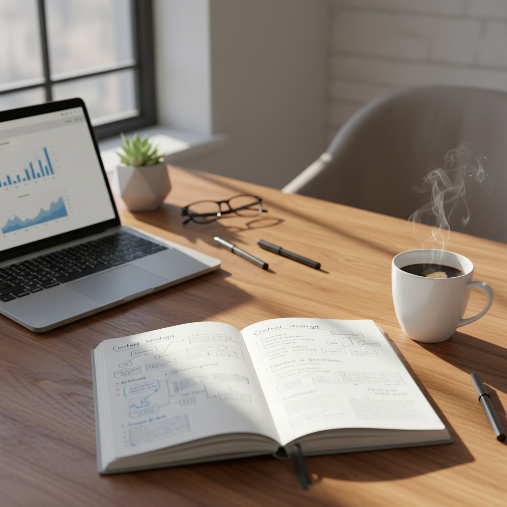 Open laptop on a wooden desk next to a notebook with handwritten shopping notes, a cup of tea, and home decor samples