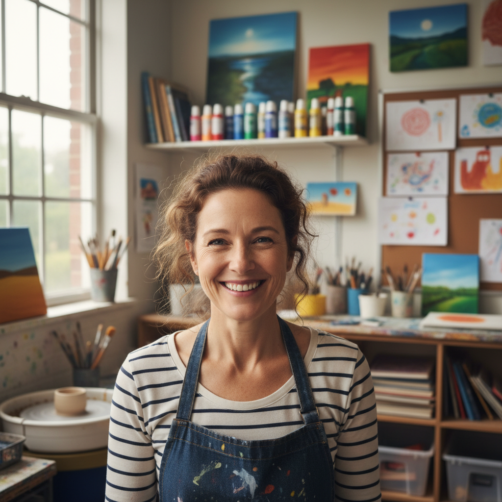 Diane Kowalski, art teacher in her 40s, smiling in a classroom setting
