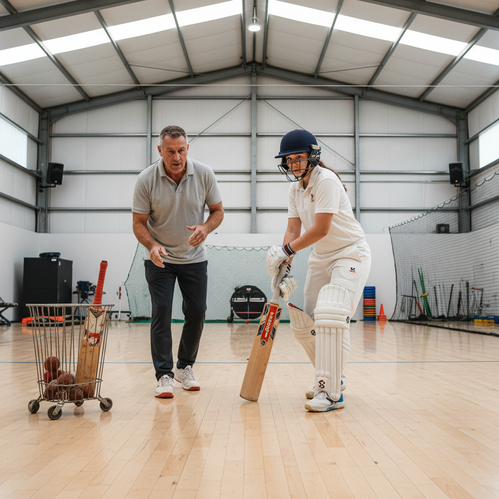 Young cricket academy player batting in training with a coach watching
