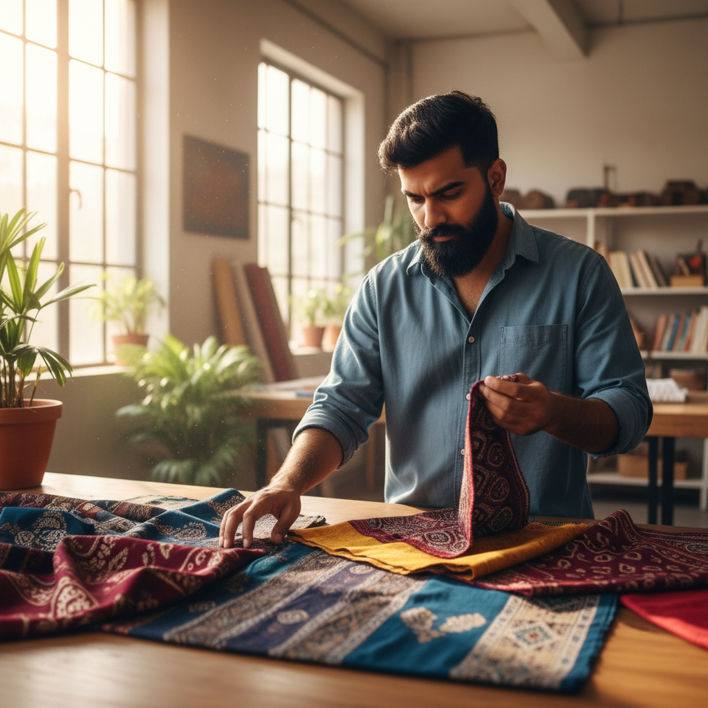 Young Indian male artist in casual shirt, creative studio background, natural lighting