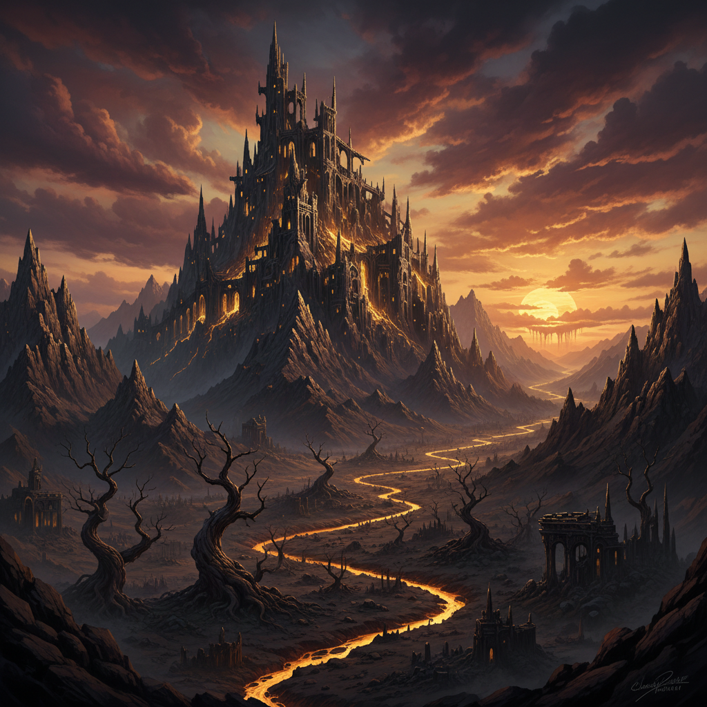 Dark fantasy castle ruins with glowing golden light in misty landscape