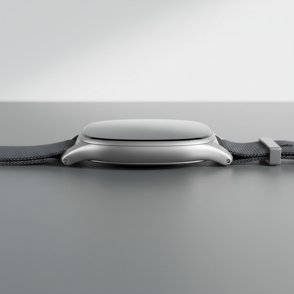 Silver smartwatch with black strap on white background, clean product photography