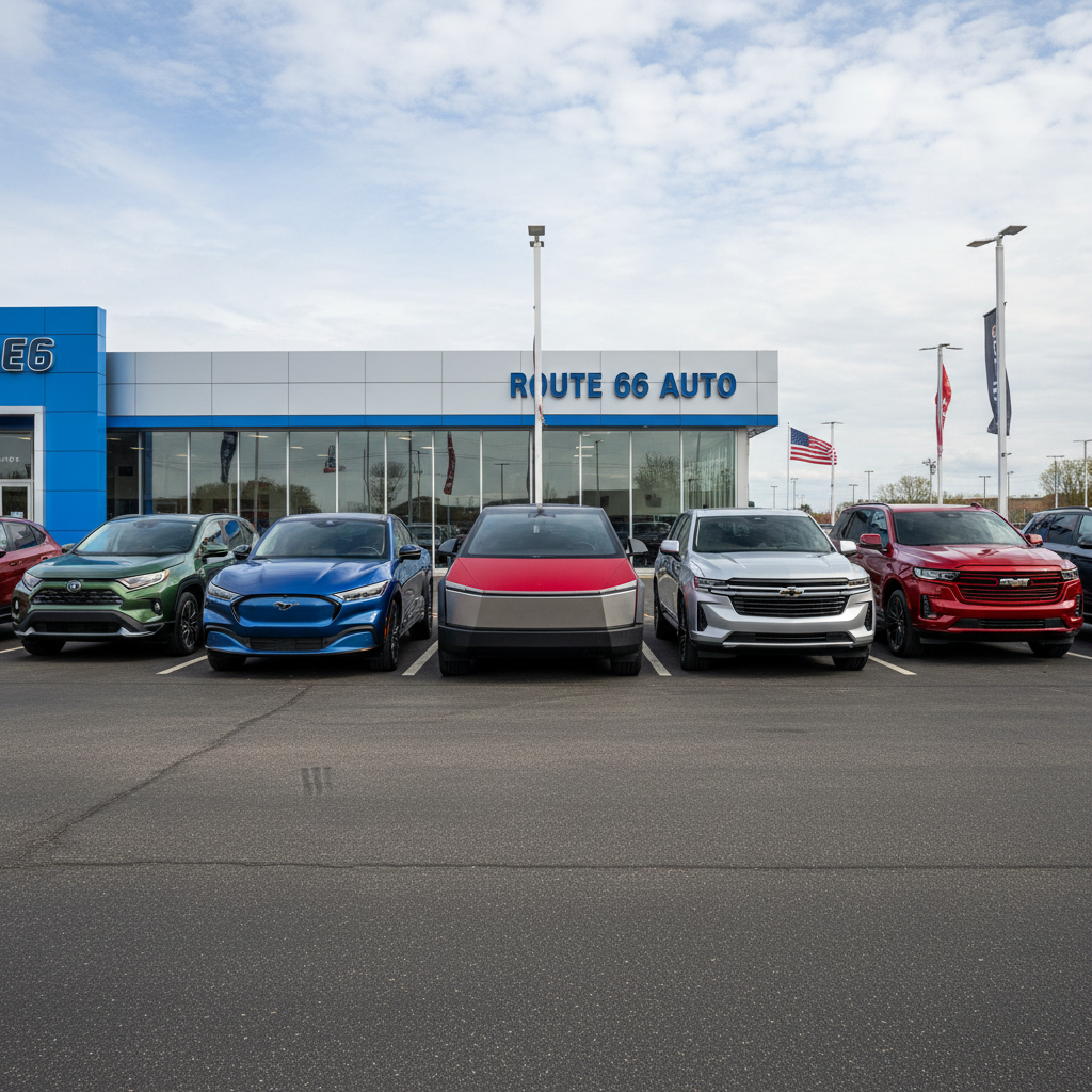 Row of new cars at a US dealership lot showing various makes and models available for sale in 2026