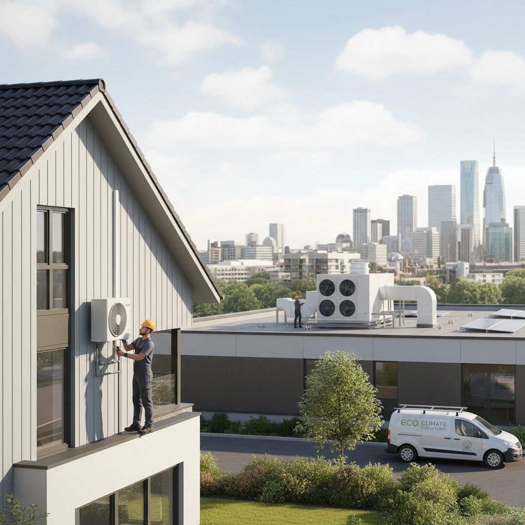 HVAC maintenance technician working on commercial building rooftop systems