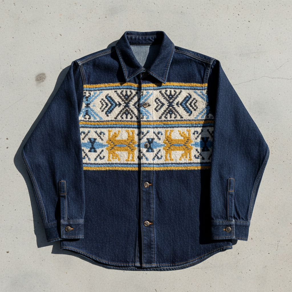 Indigo-dyed denim overshirt with traditional Oaxacan weave pattern