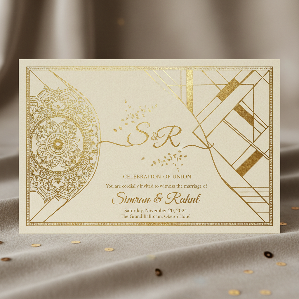 Stack of elegant Christmas cards with gold foil snowflake designs on white cardstock