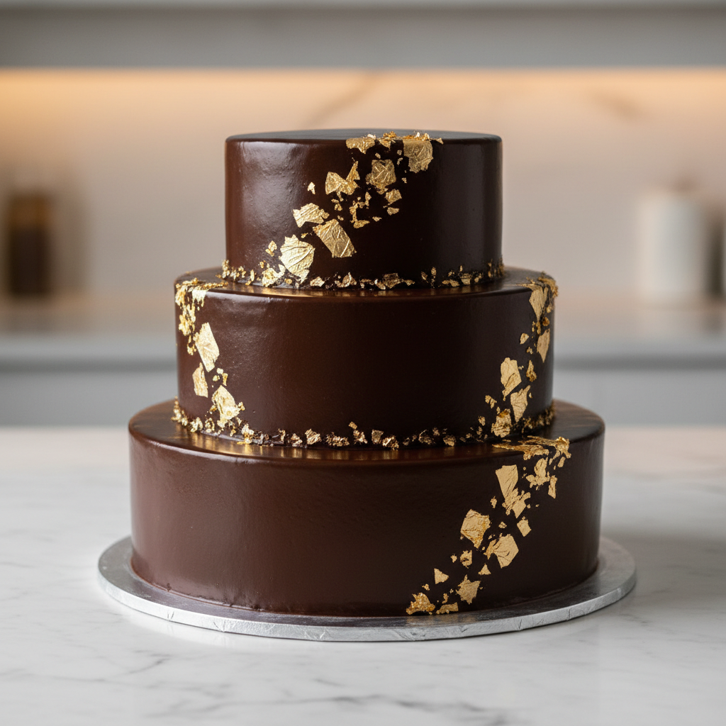 Elegant chocolate ganache cake with gold leaf decoration on dark background