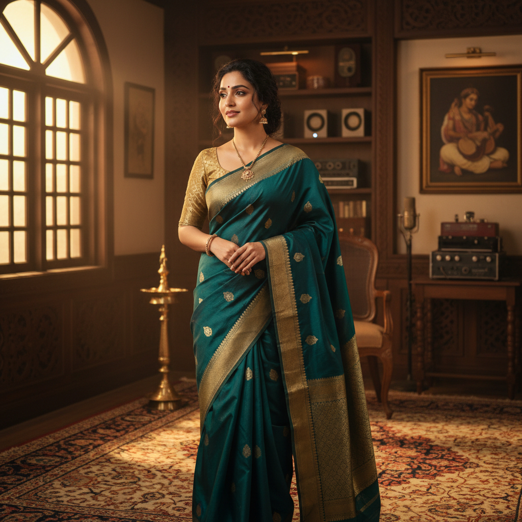 Elegant Indian woman in silk saree, side profile portrait