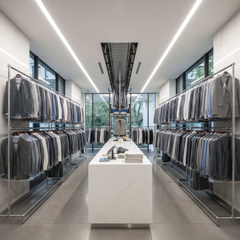 Clean modern dry cleaning facility with organized garment racks and professional equipment