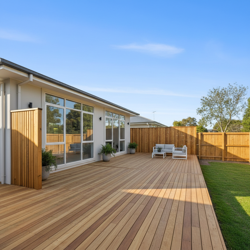 Newly built home with wooden deck and fence, residential construction project complete