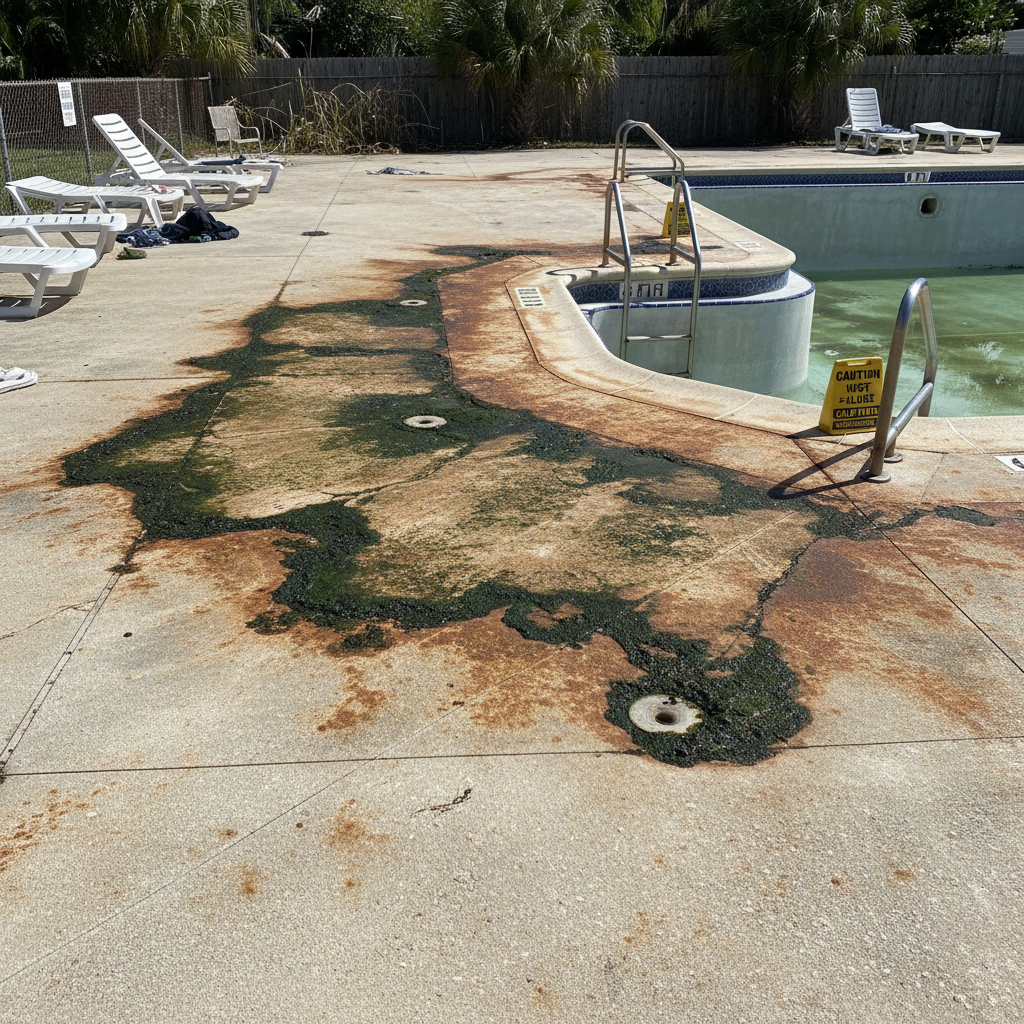 Pool deck with algae growth, slip hazards, and heavy mineral staining around edges