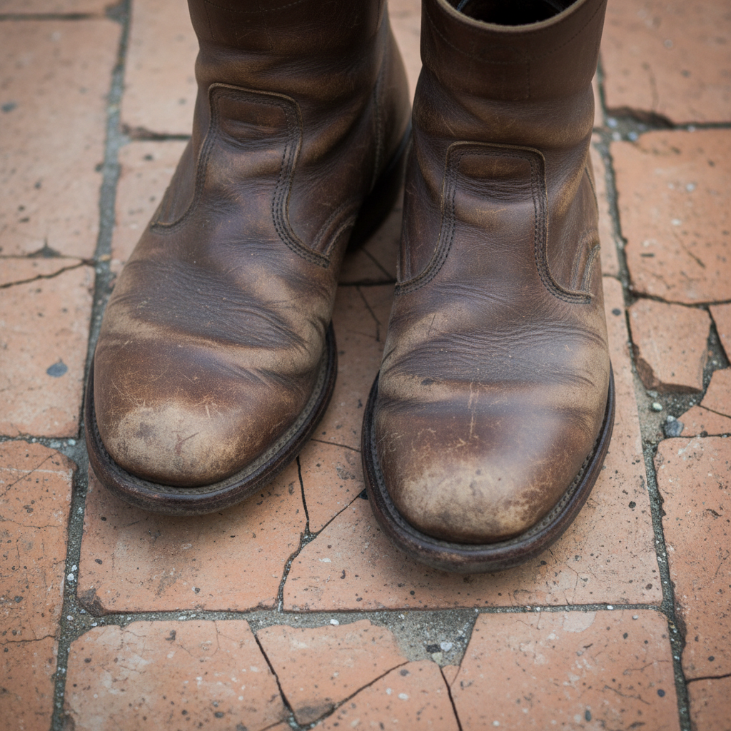 Worn leather boots resting on cracked terracotta tile, shot from above with shallow depth of field