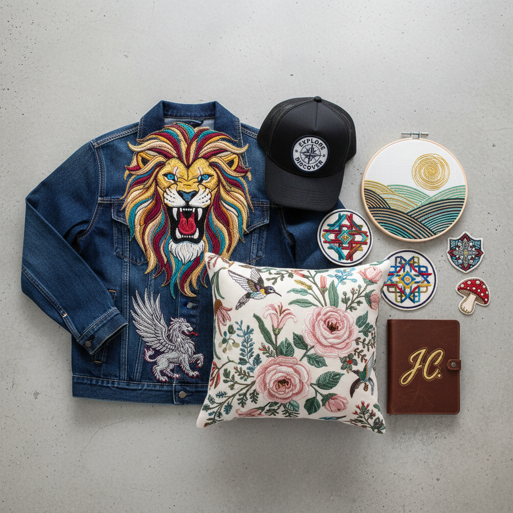 Close-up of detailed embroidery stitching on dark fabric with thread colors in a well-lit studio