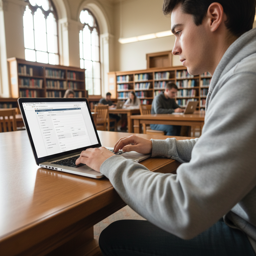 Hands typing on a laptop completing an online enrollment form