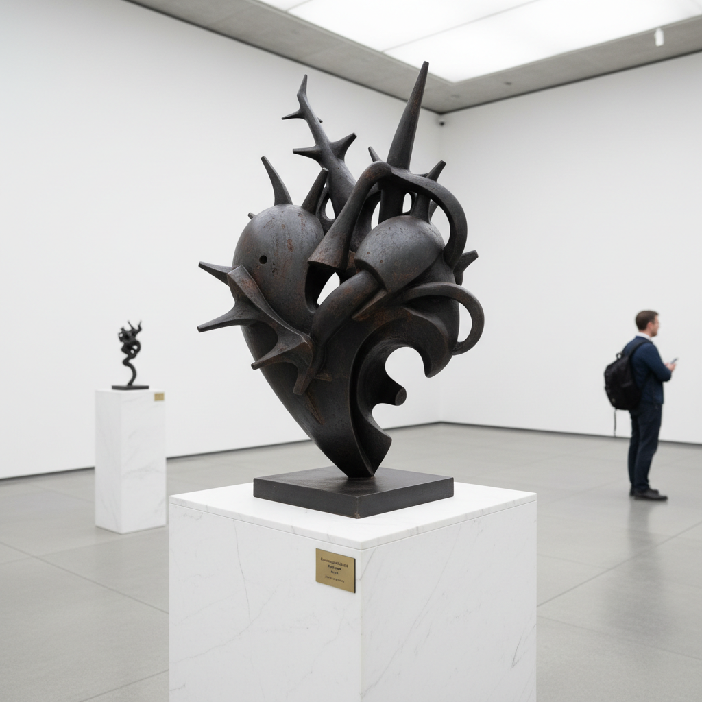 Gallery-commissioned sculptural steel object with oxidized black finish on a white plinth
