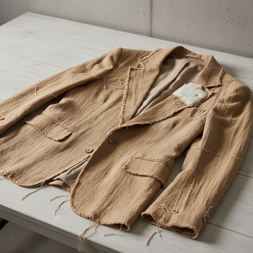 Deconstructed blazer in ivory — luxury designer wear with raw edge detailing and artistic construction