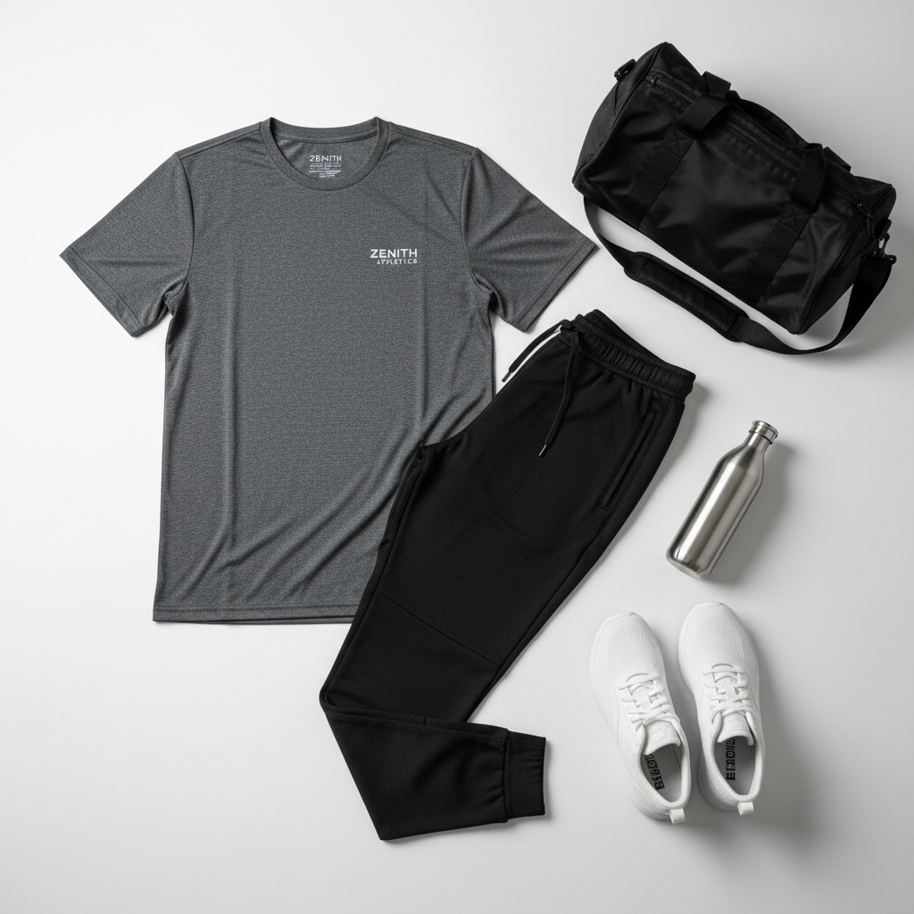 Neutral gray co-ord jogger set laid flat on bright white surface, clean product photography