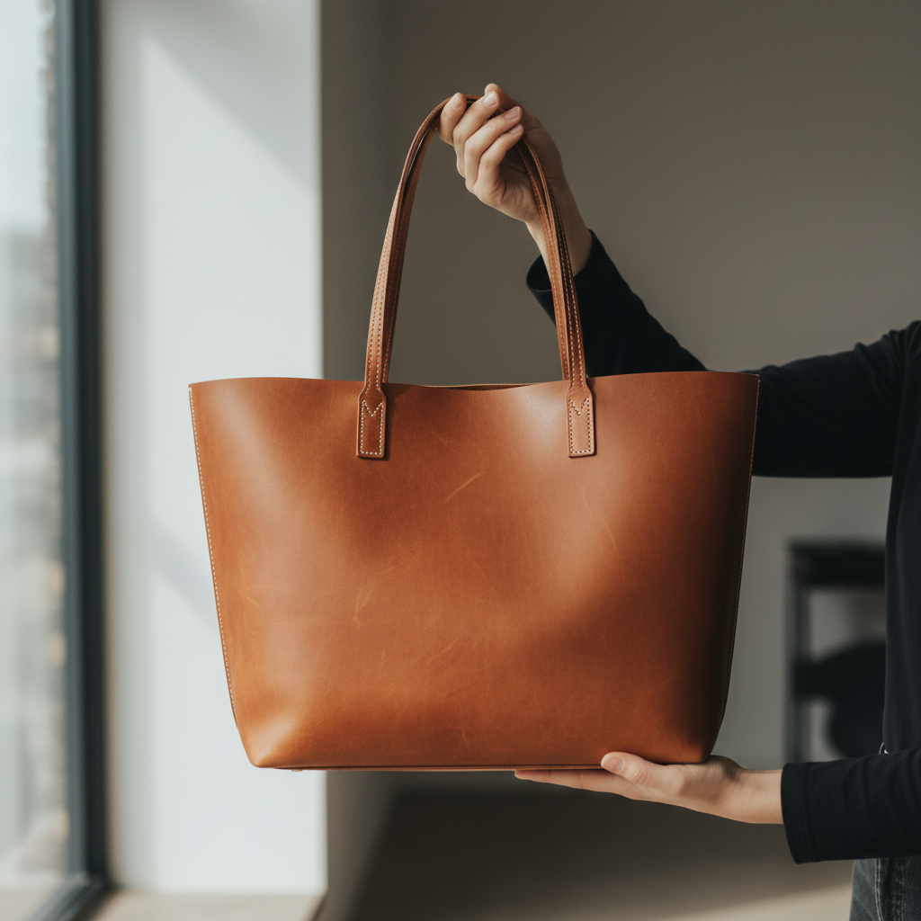 Bolsa tote de couro caramelo em fundo clean com luz natural lateral