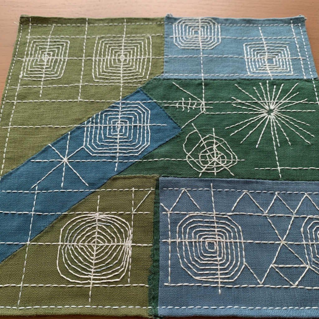 Textile panel in muted greens and blues with visible hand-stitched geometric sashiko patterns across the surface